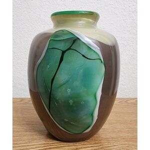 David Kolasky‎ Signed Studio Blown Art Glass Vase Brown White & Green